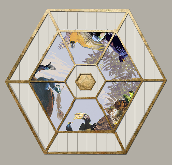 First sketch for a new painting on the hexagonal ceiling of an 18th c. tea pavilion. A last remaining item of two magnificent but once demolished 17th c. mansions. Surrounded by majestic gardens with ornamental lakes, these estates once included some spectaculair menageries that had the privilege of being portrayed by Melchior d\'Hondecoeter.
A seemingly random selection of tropical birds reflects the Dutch craze for Natural History collections, zoo\'s and aviaries, and both East & West India Company personnel trading animals on the side, to supply them. . .
Historical research has shown that all birds depicted here, have actually been seen in 17th and 18th c. menageries in and around Amsterdam.. .
\"Hondecoeter in Driemond\" or \"Other ones Feathers\" - a provisional title derived from one of Aesop\'s fables, (popular in the 18th c.) - will be executed at the studio through 2017/18. .