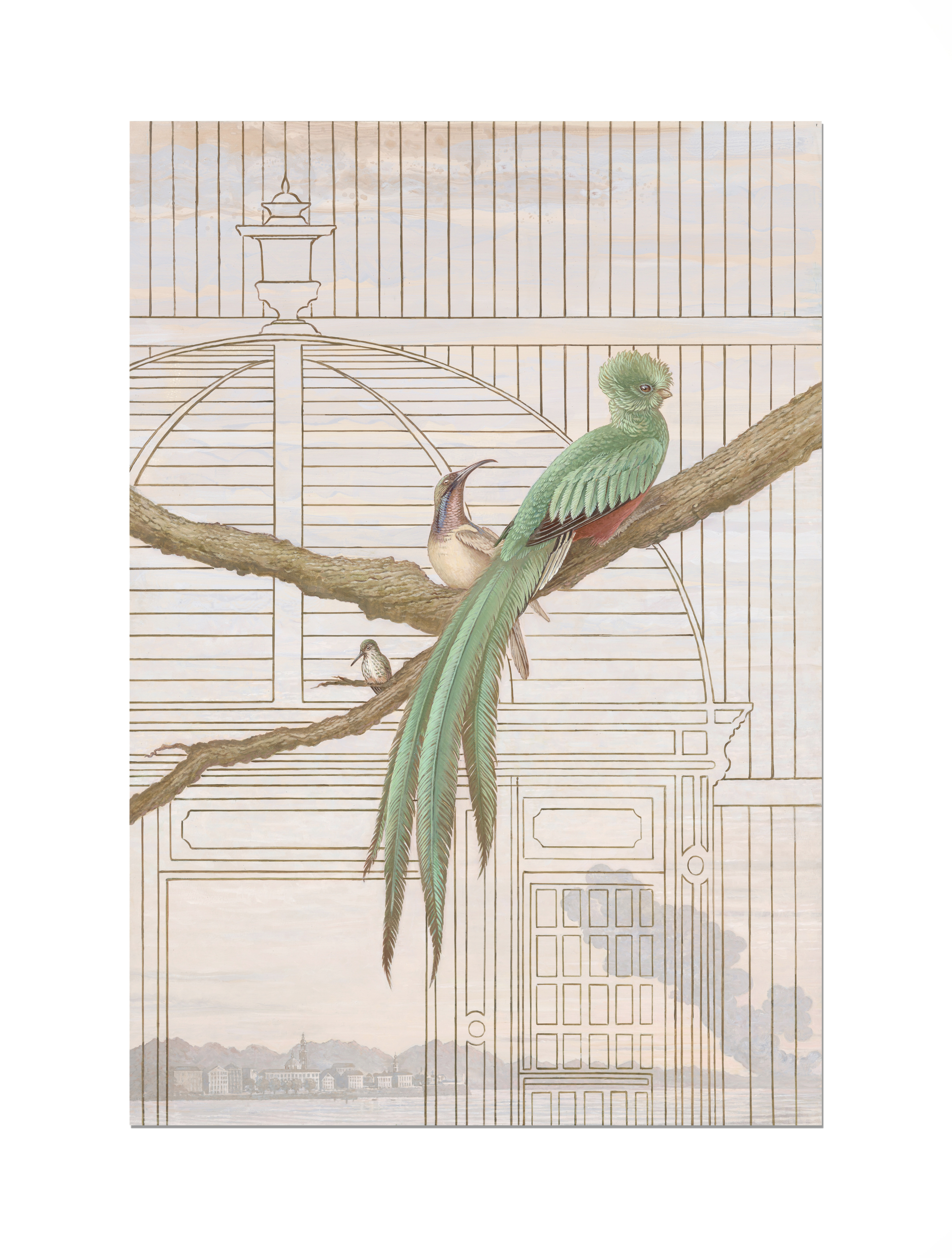 Aviary - Quetzal<p><h6>Tempera and acrylics on dibond aluminium panel</h6><p><h6>Remake of a detail from one of the Herengracht aviary panels</h6><p>.