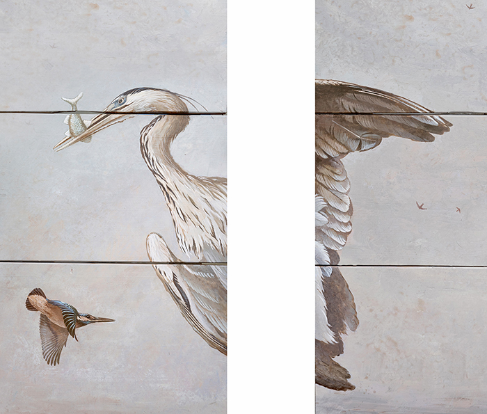 Kingfisher, Blue Heron and ceiling beam.
<h6>Detail on the new painted ceilings at Herengracht 574 </h6>