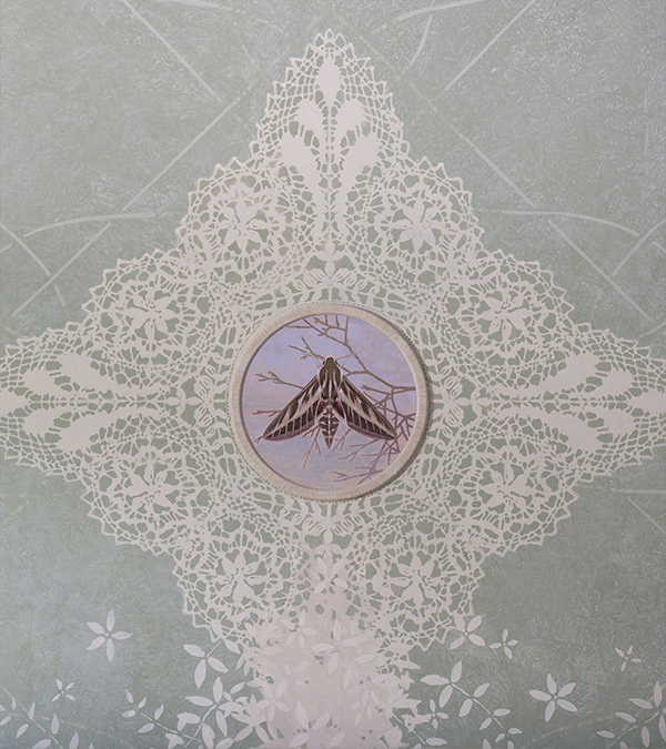 One of the four Maltese Lace cartouches on the ceiling, each with a different species of Hawkmoth. <p>
( Striped spurge Hawkmoth - Hyles livornica - Baħrija tat-dwieli ) 