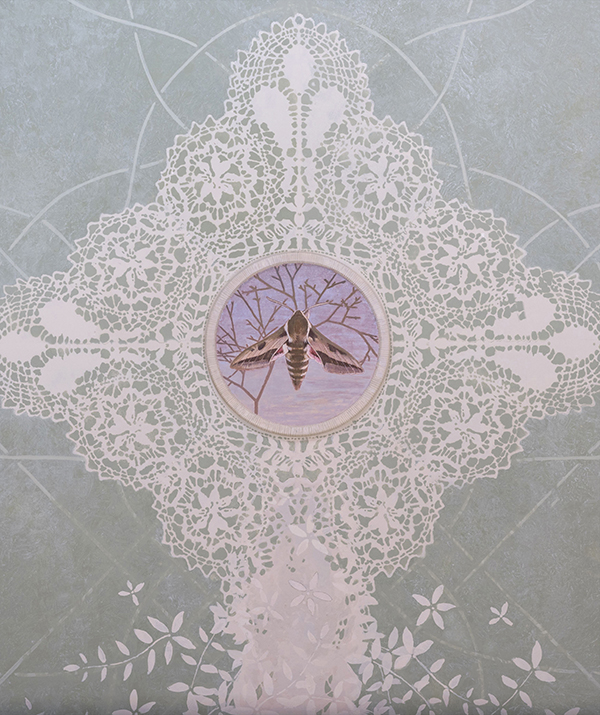 One of the four Maltese Lace cartouches on the ceiling, each with a different species of Hawkmoth.<p>
 ( European spurge Hawkmoth - Hyles euphorbiae - Baħrija tat-tengħud) 