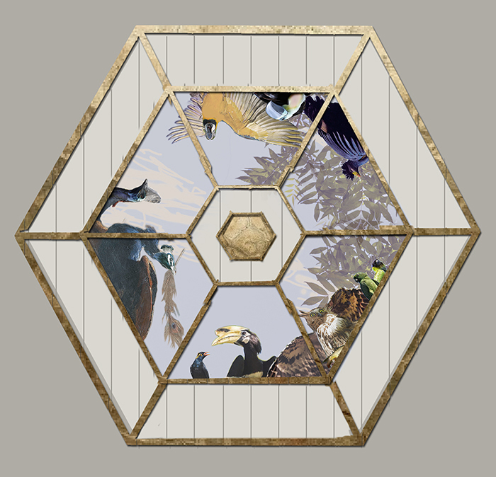 First sketch for a new painting on the hexagonal ceiling of an 18th c. tea pavilion. A last remaining item of two magnificent but once demolished 17th c. mansions. Surrounded by majestic gardens with ornamental lakes, these estates once included some spectaculair menageries that had the privilege of being portrayed by Melchior d\'Hondecoeter. A seemingly random selection of tropical birds reflects the Dutch craze for Natural History collections, zoo\'s and aviaries, and both East & West India Company personnel trading animals on the side, to supply them. . . Historical research has shown that all birds depicted here, have actually been seen in 17th and 18th c. menageries in and around Amsterdam.. . \"Hondecoeter in Driemond\" or \"Other ones Feathers\" - a provisional title derived from one of Aesop\'s fables, will be executed at the studio through 2017/18. .