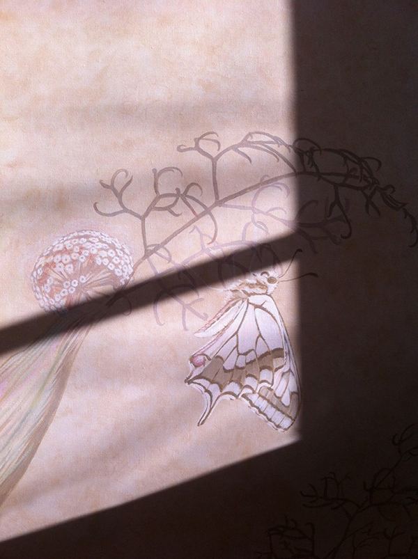 Sunlight in the studio, showing details and casting shadows during execution of the large scale canvases for Malta\'s National Palace. . . Swallowtail caterpillars feed on fennel. . . <p>Nice to see the veins in the adult butterflies wings resonating the shape of the very leaves they \"grew\"  from originally. . .<p>.