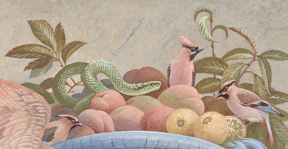 Japanese Waxwings, Ratsnake, <p>\"Momo\" peach and Yuzu. <p>- Japan - Deshima -<p>.
