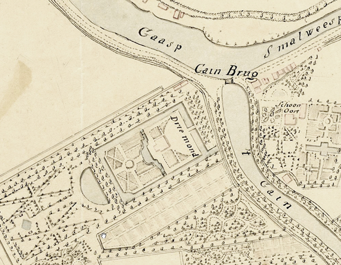 De indrukwekkende plattegrond van de formele baroktuinen bij huis Driemond en Schoonoord in de vroege 18e eeuw. <p>.