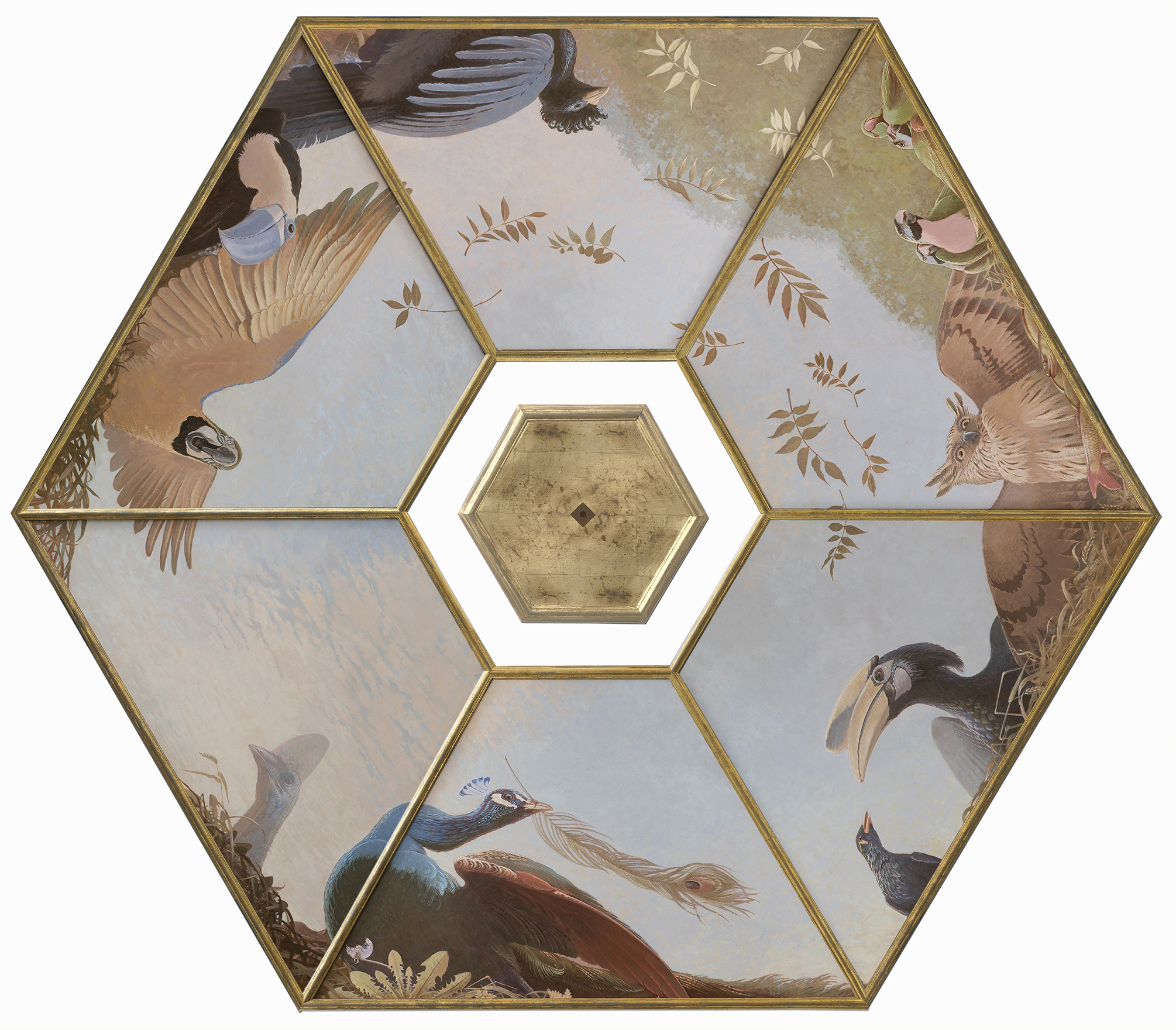 Other One\'s Feathers - new painted ceiling for the 18th c. Driemond tea pavilion <p> Tempera, Acrylics and goldleaf on wood - diameter 280 cm
<p>.