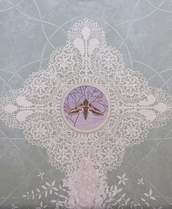 Peter Korver,  
\"Bizzilla Ta’ Malta / Maltese Lace\" ( plafond detail ) <p>
Korver beschilderde de gerestaureerde “Grand Salon” in het San Anton Palace; Malta’s 17e eeuwse presidentiele residentie. Naast lokale flora afgebeeld op de zes meter hoge wanden toont het koepelplafond  vier verwante soorten pijlstaartvlinders, die tesamen een Malteser kruis vormen.
Foto; Eddy Wenting. 
