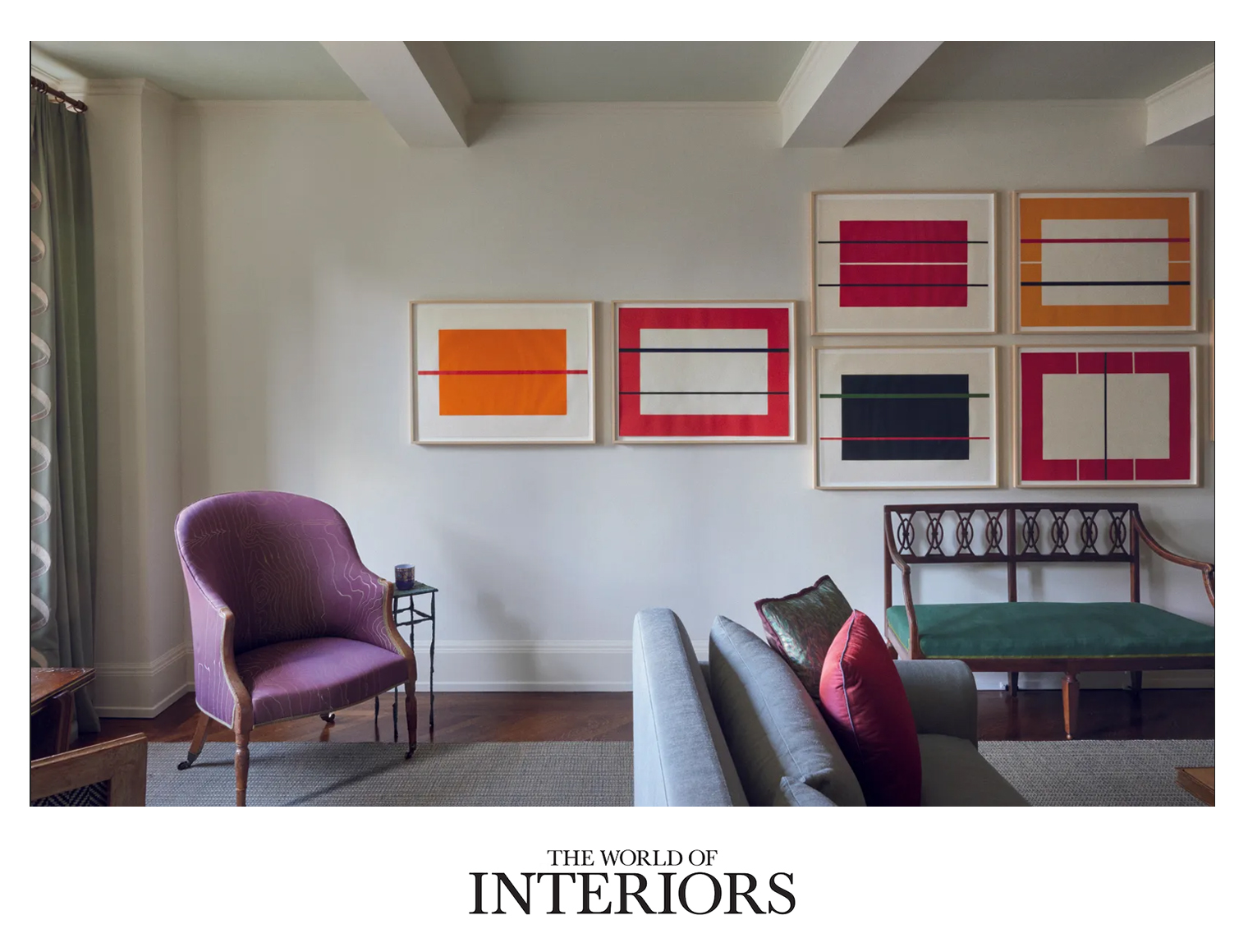 In the living room, Donald Judd woodcuts are grouped above a c1820 Italian bench that was a long-ago Thomas Jayne find. Ditto the English chair, c1800, which the decorator smartened with a wood-grain-pattern fabric. <p>.